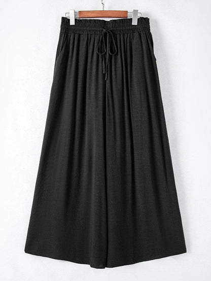 Elegant Black High Waist Wide Leg Pants with Drawstring Detail