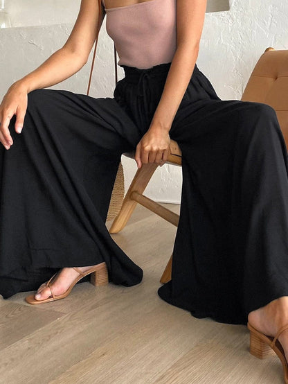 Elegant Black High Waist Wide Leg Pants with Drawstring Detail