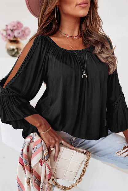 Elegant Black Lace Crochet Ruffle Sleeve Sheath Blouse