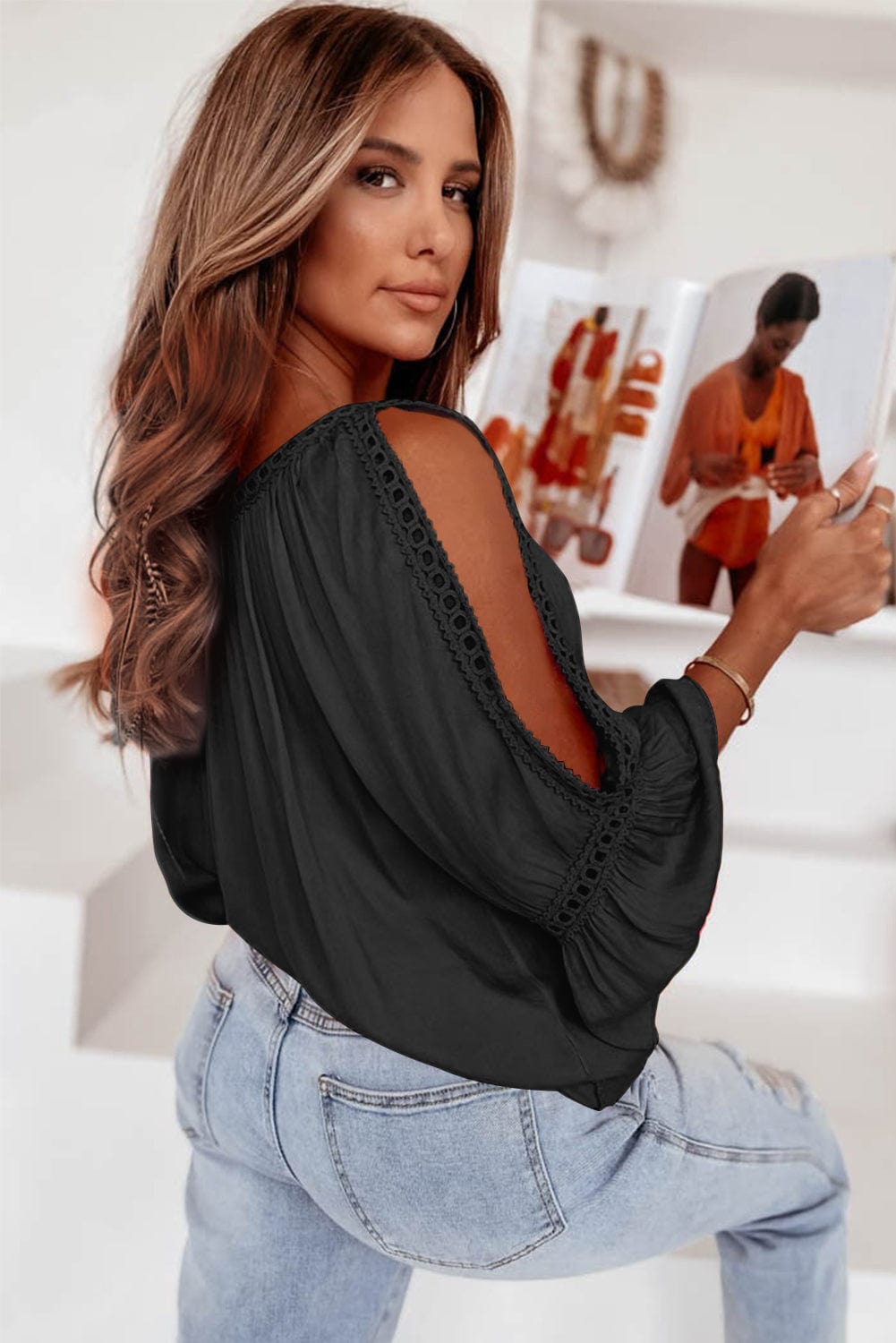 Elegant Black Lace Crochet Ruffle Sleeve Sheath Blouse