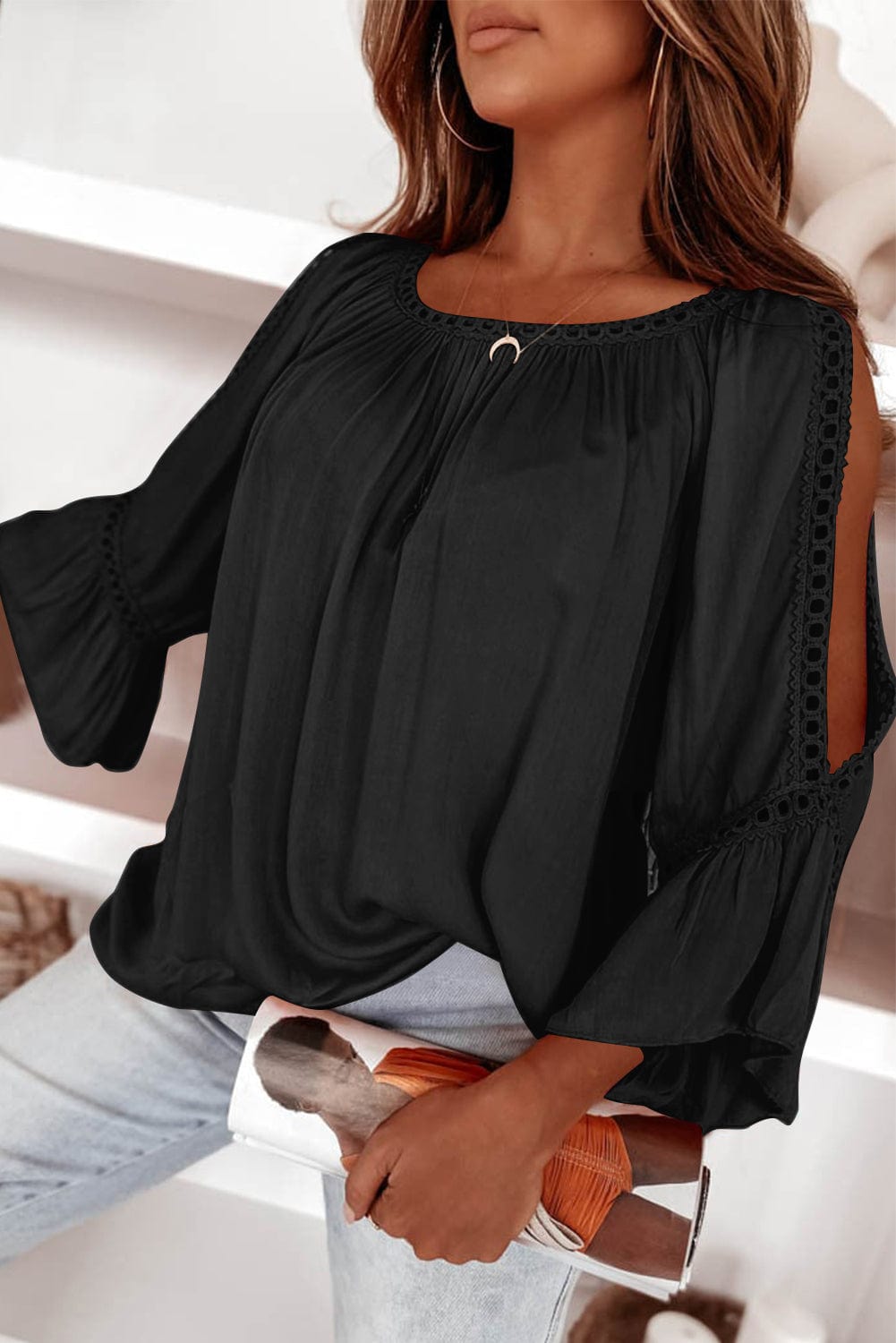 Elegant Black Lace Crochet Ruffle Sleeve Sheath Blouse
