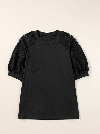 Elegant Black Lace Detail Pointelle Half Sleeve Tee