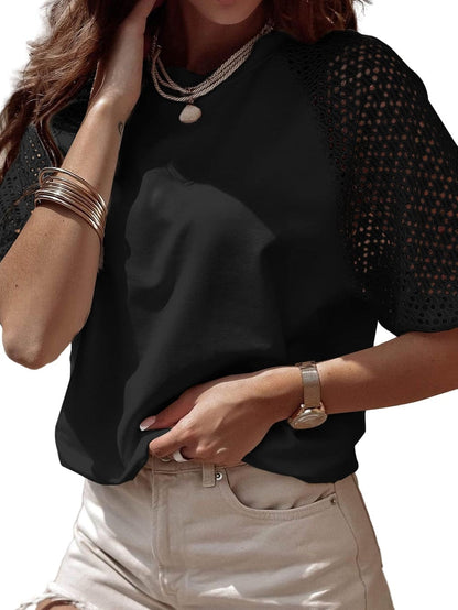 Elegant Black Lace Detail Pointelle Half Sleeve Tee