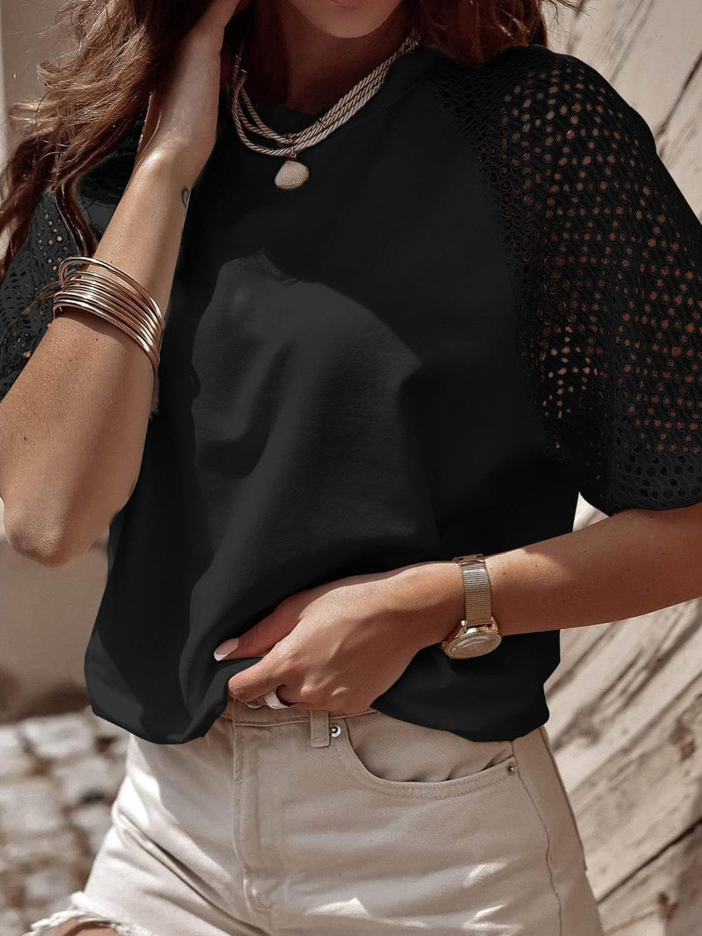 Elegant Black Lace Detail Pointelle Half Sleeve Tee