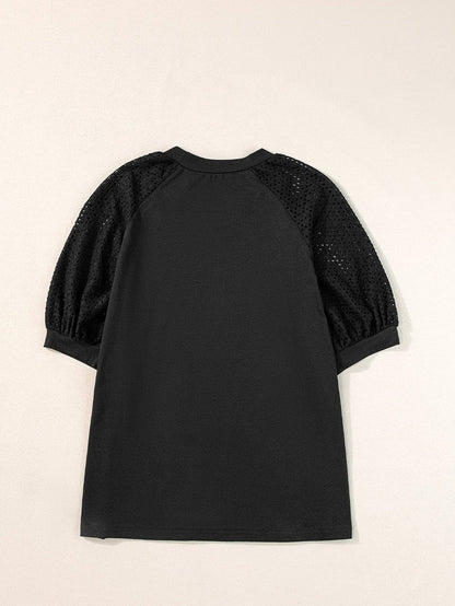 Elegant Black Lace Detail Pointelle Half Sleeve Tee