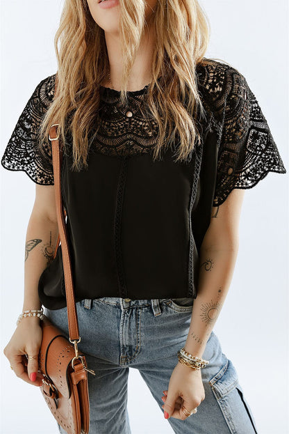 Elegant Black Lace Patchwork Top with Short Sleeves