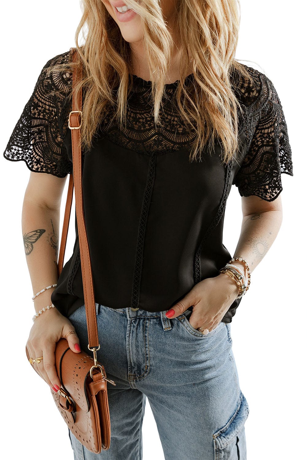 Elegant Black Lace Patchwork Top with Short Sleeves