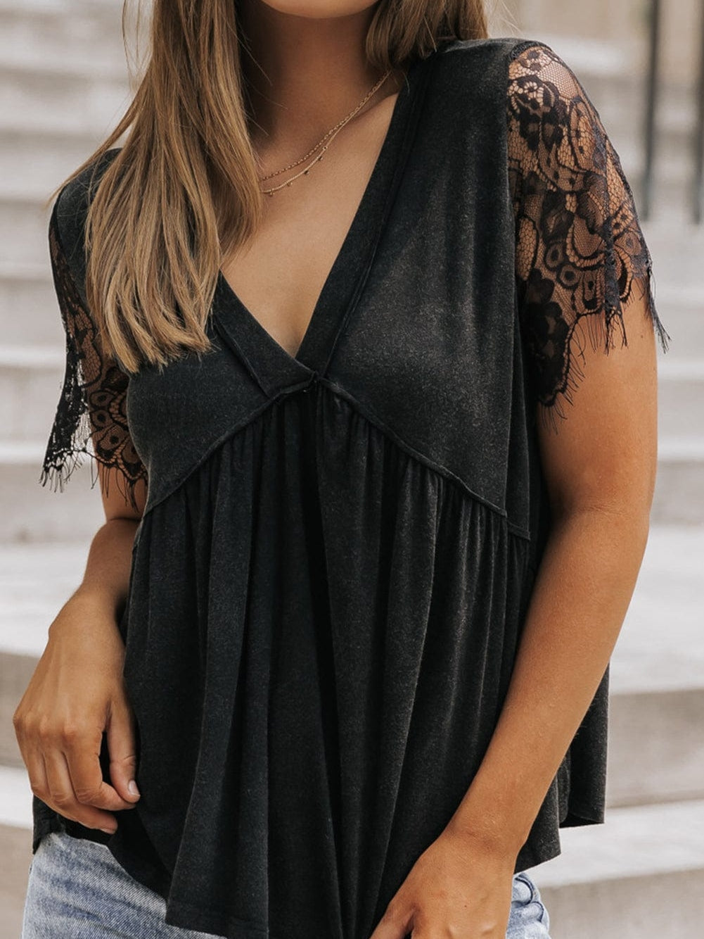 Elegant Black Lace Sleeve V Neck Babydoll Top
