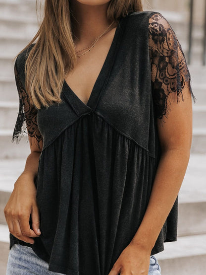 Elegant Black Lace Sleeve V Neck Babydoll Top
