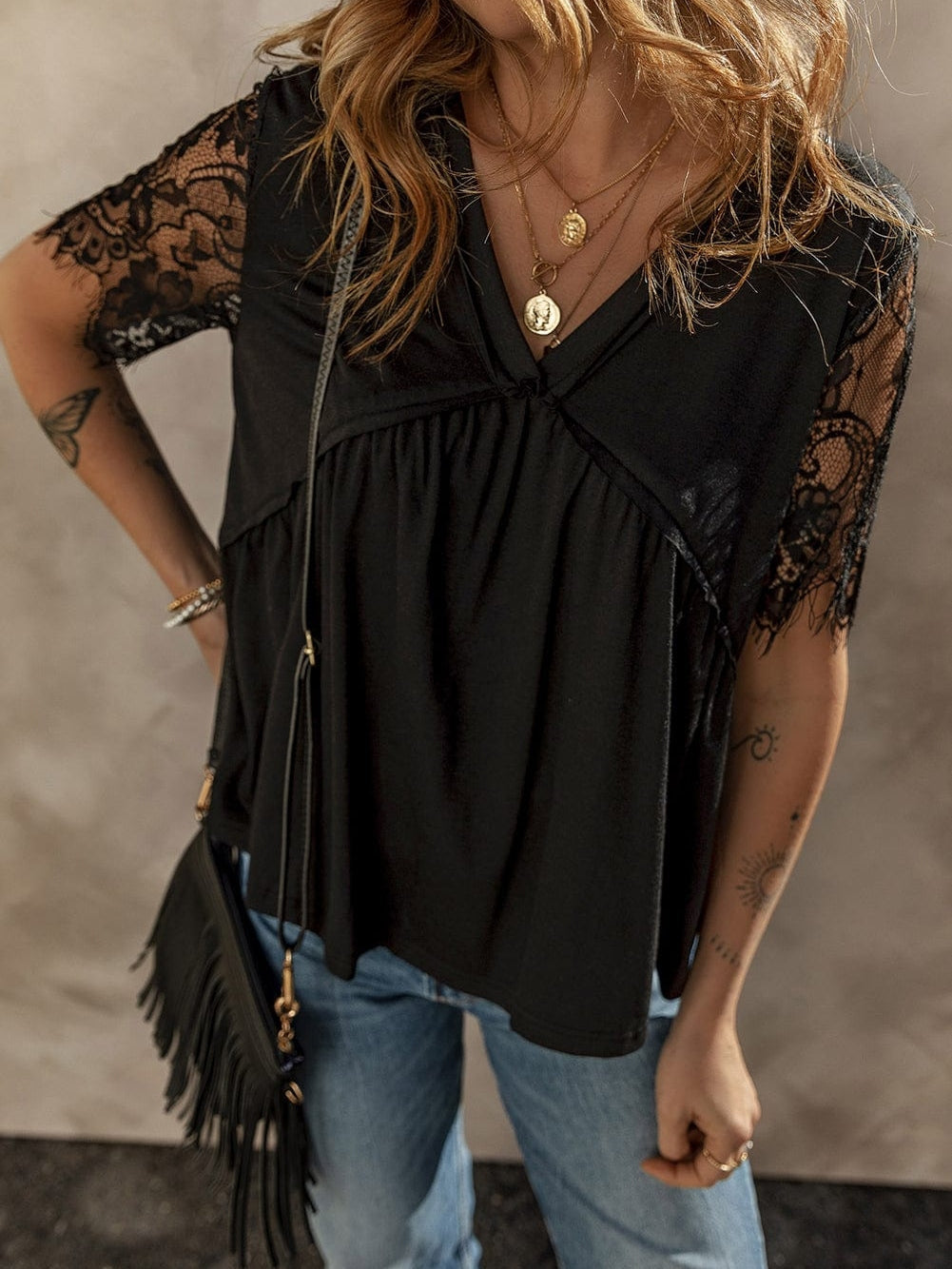 Elegant Black Lace Sleeve V Neck Babydoll Top