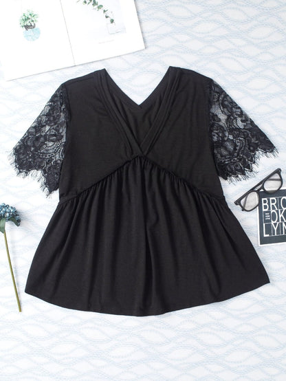 Elegant Black Lace Sleeve V Neck Babydoll Top