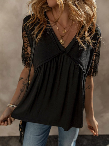 Elegant Black Lace Sleeve V Neck Babydoll Top