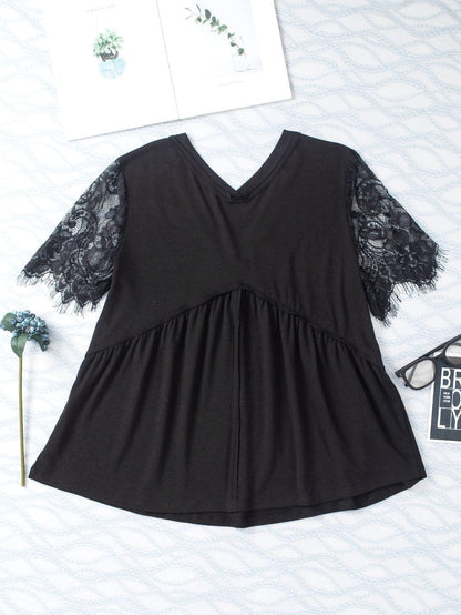Elegant Black Lace Sleeve V Neck Babydoll Top