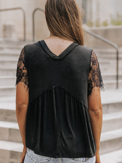 Elegant Black Lace Sleeve V Neck Babydoll Top