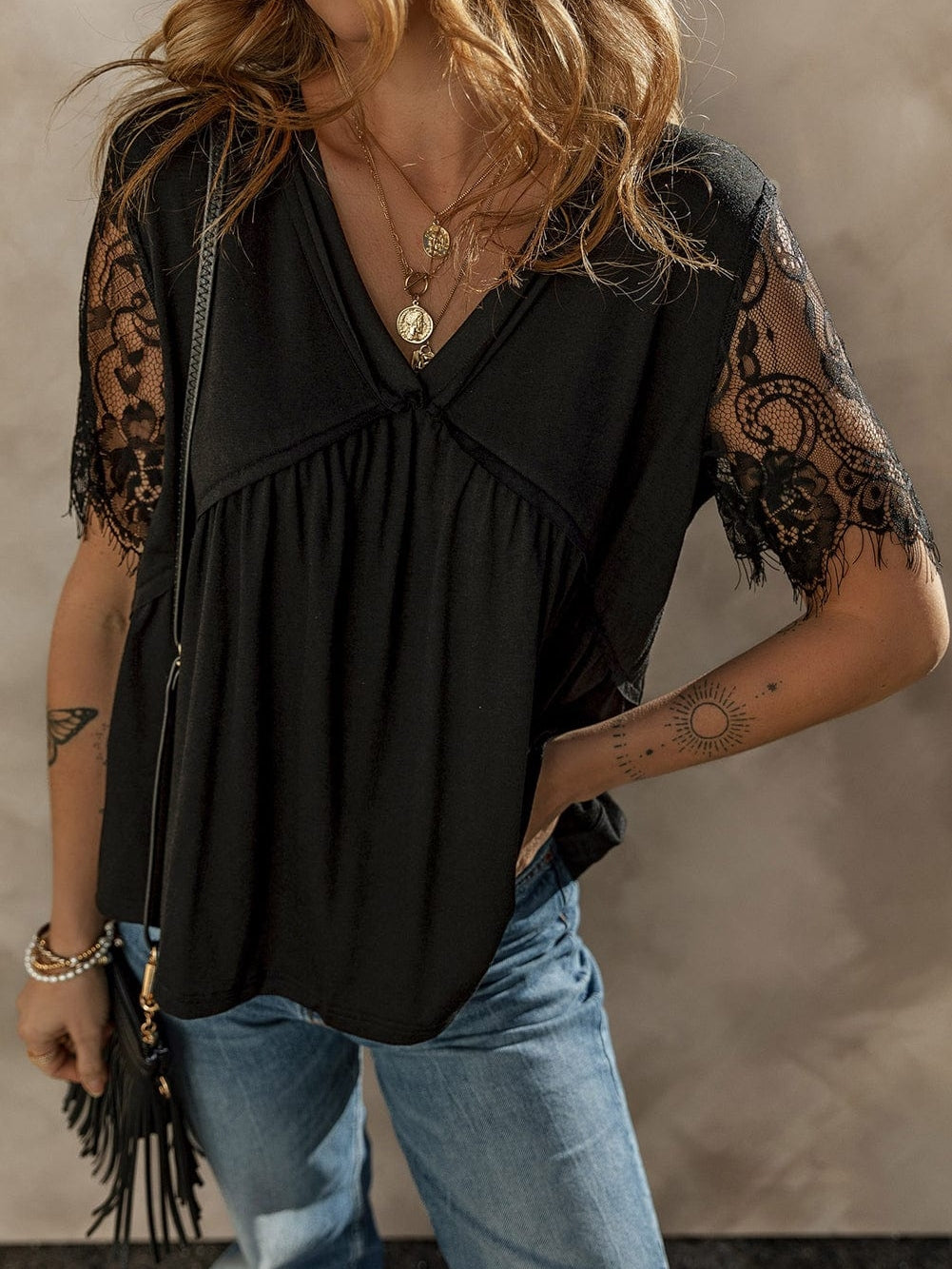 Elegant Black Lace Sleeve V Neck Babydoll Top