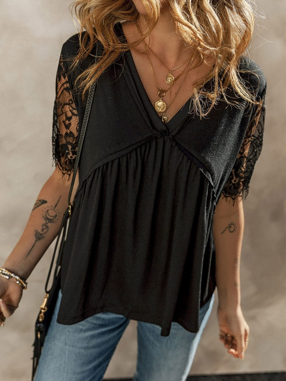 Elegant Black Lace Sleeve V Neck Babydoll Top