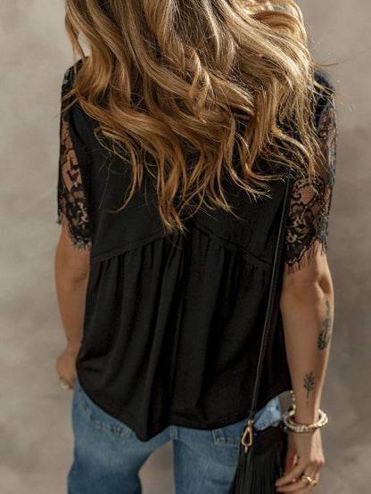 Elegant Black Lace Sleeve V Neck Babydoll Top