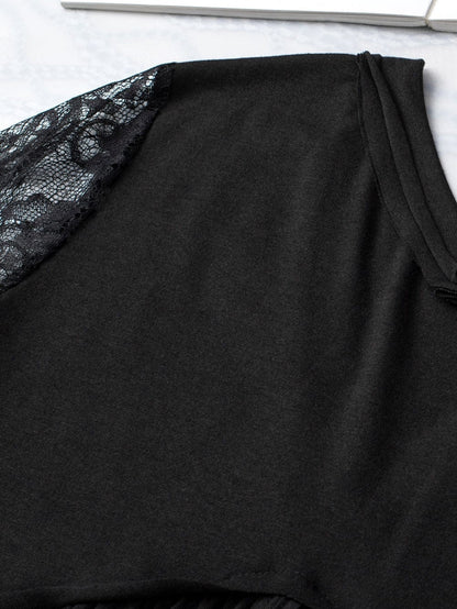 Elegant Black Lace Sleeve V Neck Babydoll Top