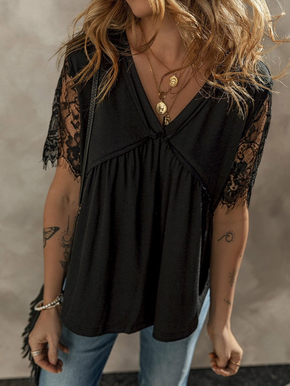 Elegant Black Lace Sleeve V Neck Babydoll Top