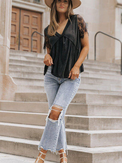 Elegant Black Lace Sleeve V Neck Babydoll Top