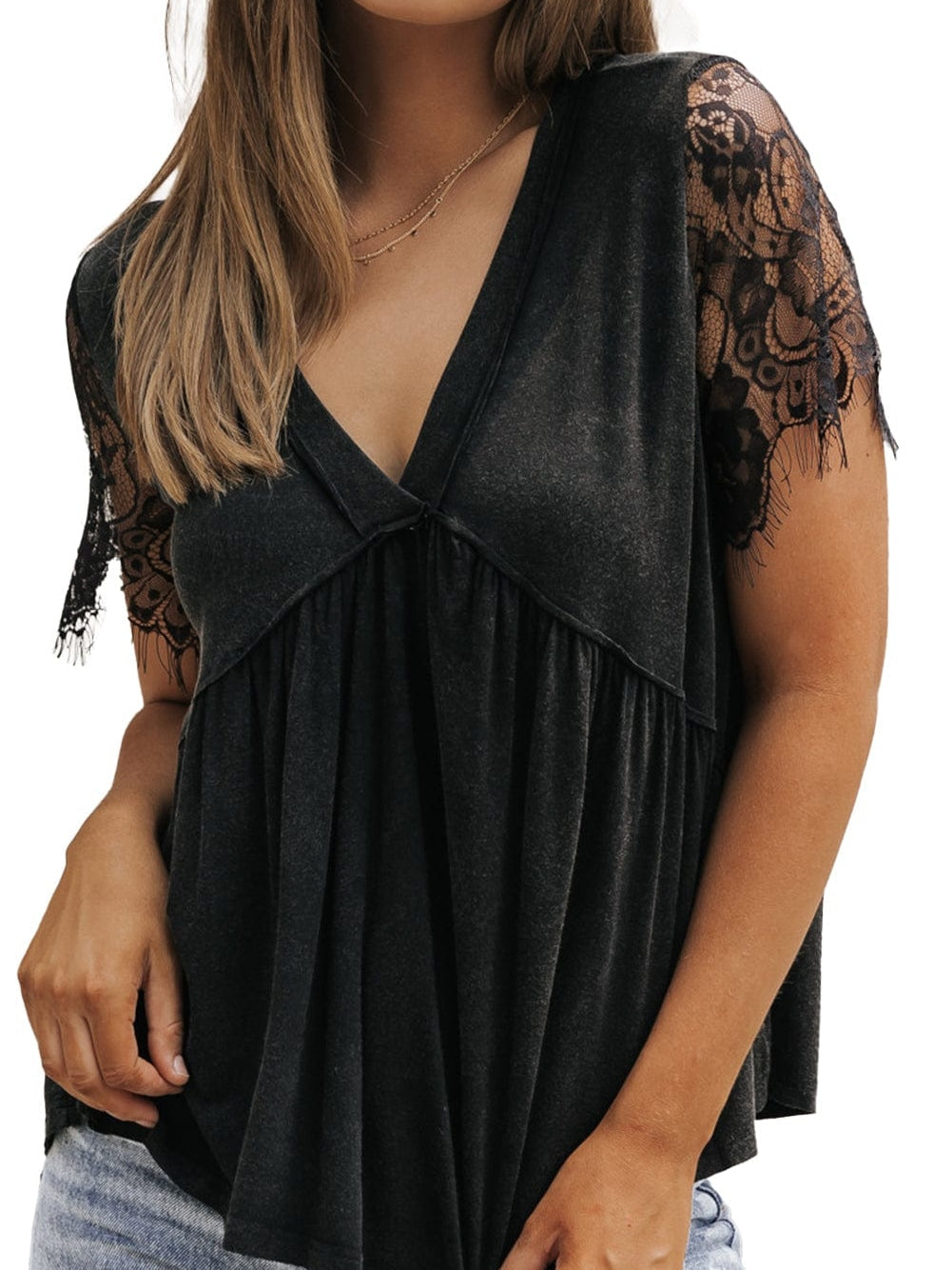 Elegant Black Lace Sleeve V Neck Babydoll Top