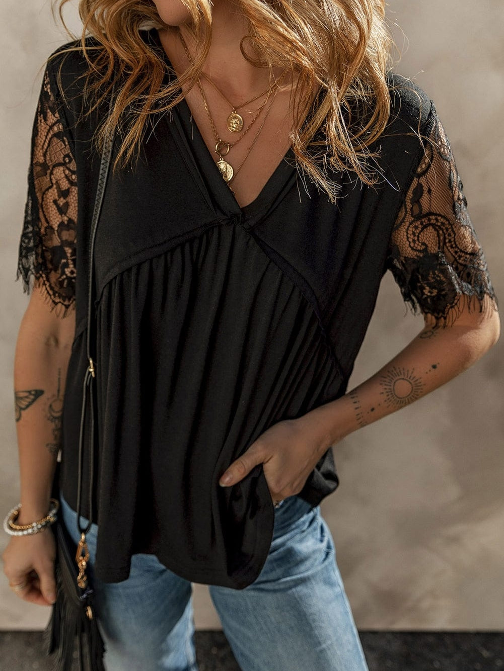 Elegant Black Lace Sleeve V Neck Babydoll Top