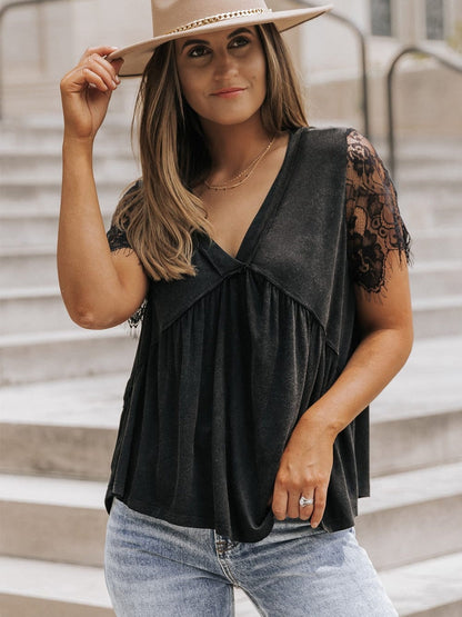 Elegant Black Lace Sleeve V Neck Babydoll Top