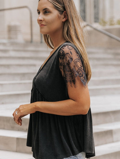 Elegant Black Lace Sleeve V Neck Babydoll Top