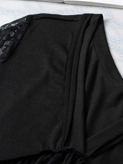 Elegant Black Lace Sleeve V Neck Babydoll Top