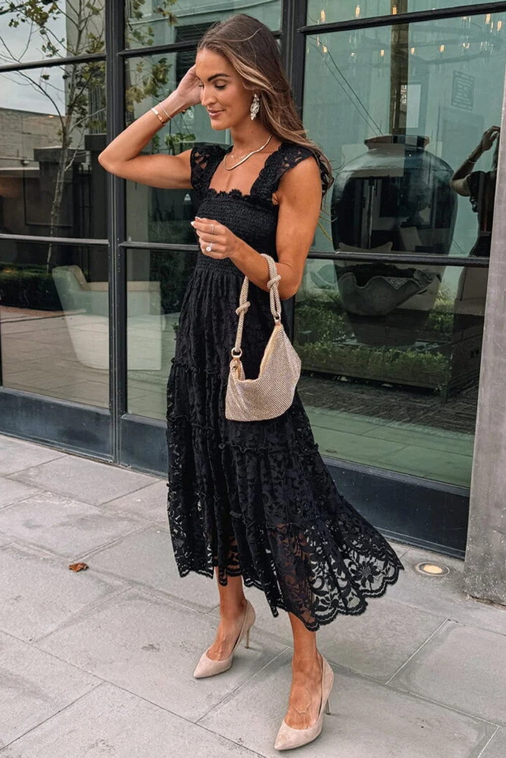 Elegant Black Lace Tiered Midi Dress