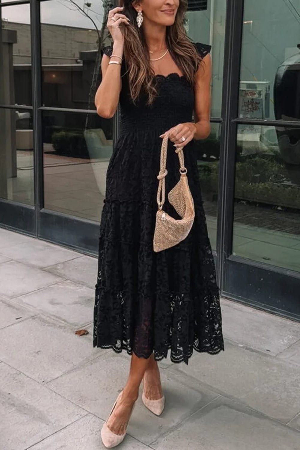 Elegant Black Lace Tiered Midi Dress