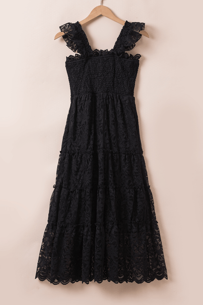 Elegant Black Lace Tiered Midi Dress