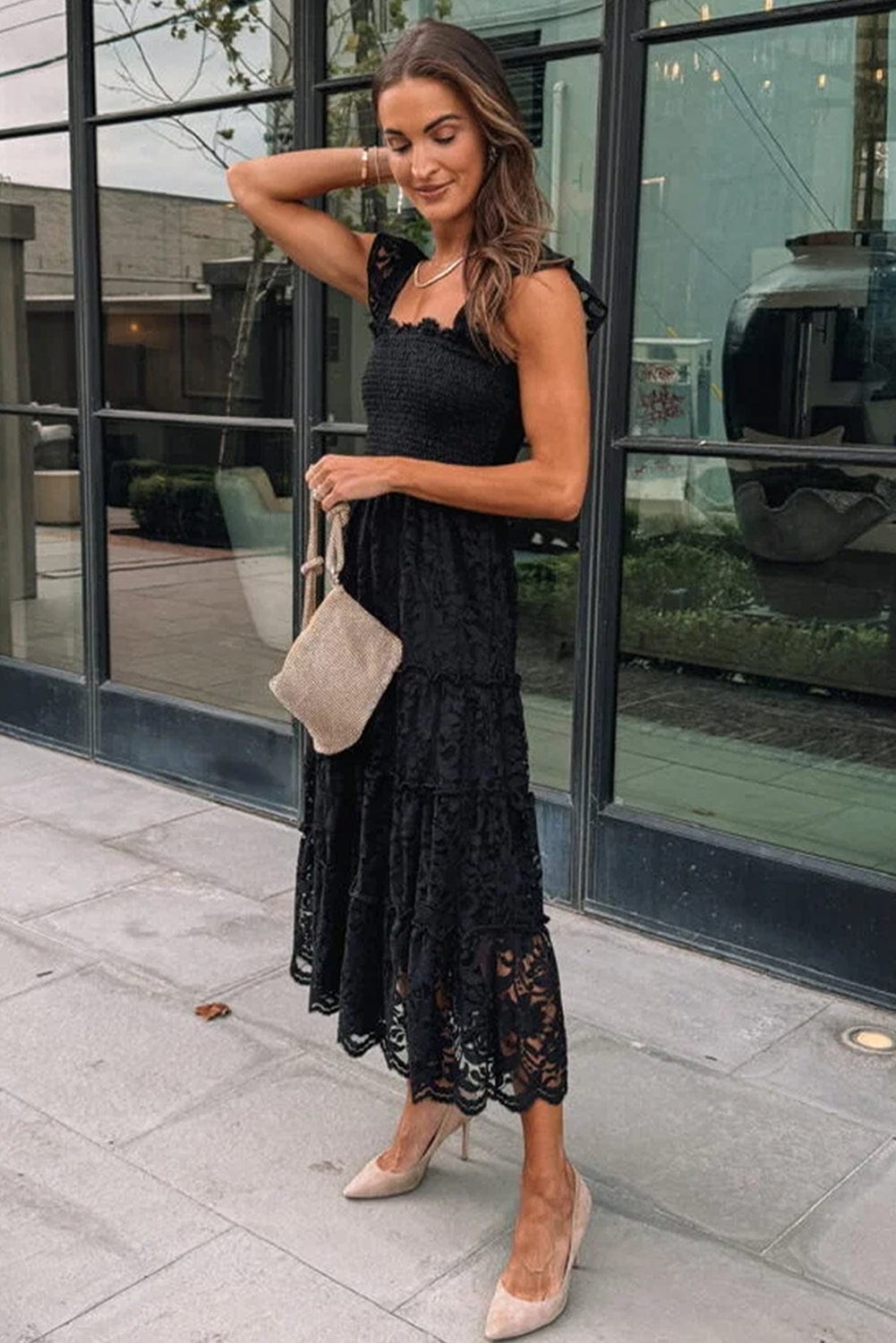 Elegant Black Lace Tiered Midi Dress