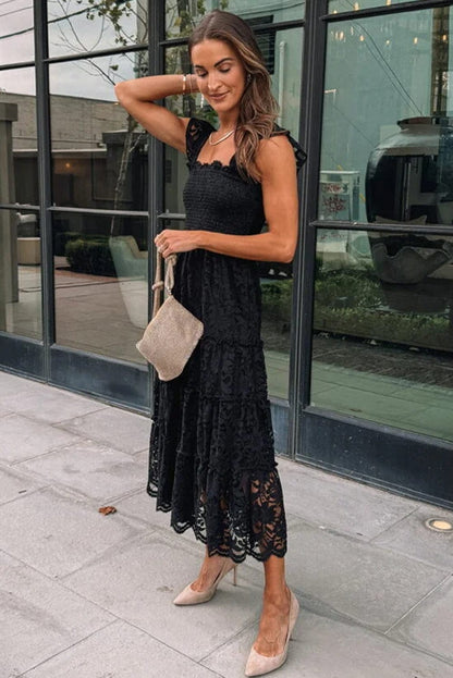 Elegant Black Lace Tiered Midi Dress