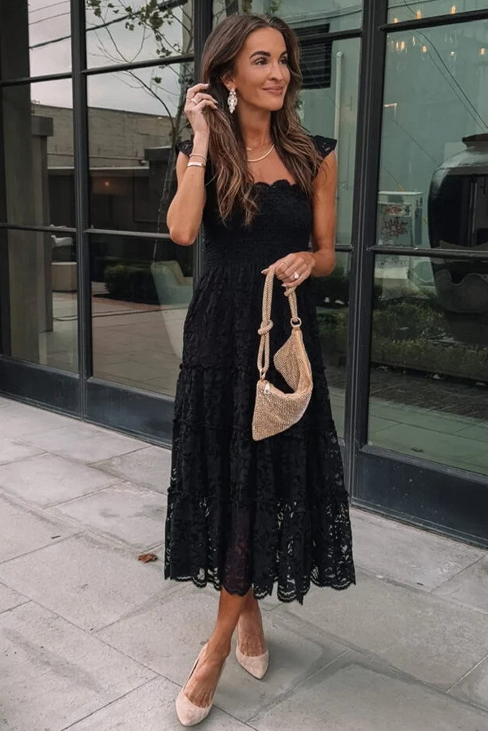 Elegant Black Lace Tiered Midi Dress
