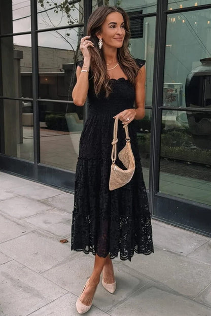 Elegant Black Lace Tiered Midi Dress