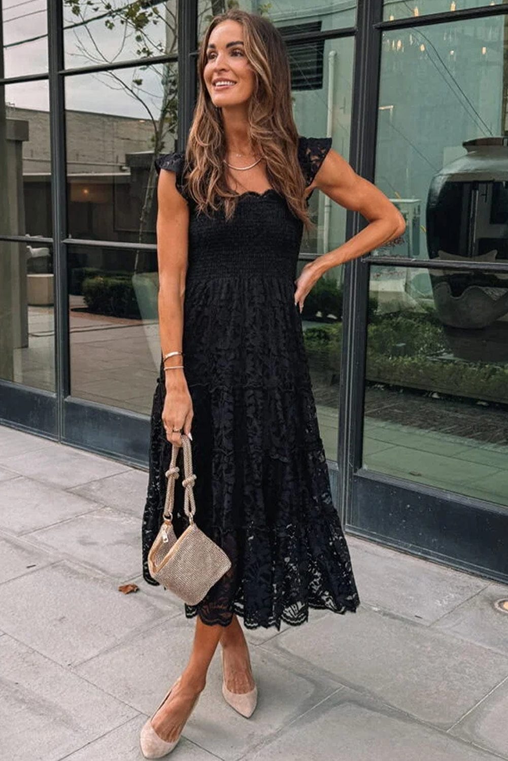 Elegant Black Lace Tiered Midi Dress