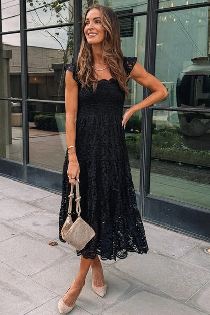 Elegant Black Lace Tiered Midi Dress
