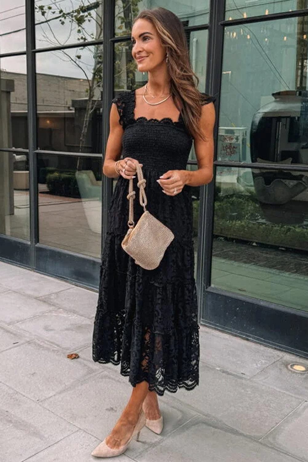 Elegant Black Lace Tiered Midi Dress