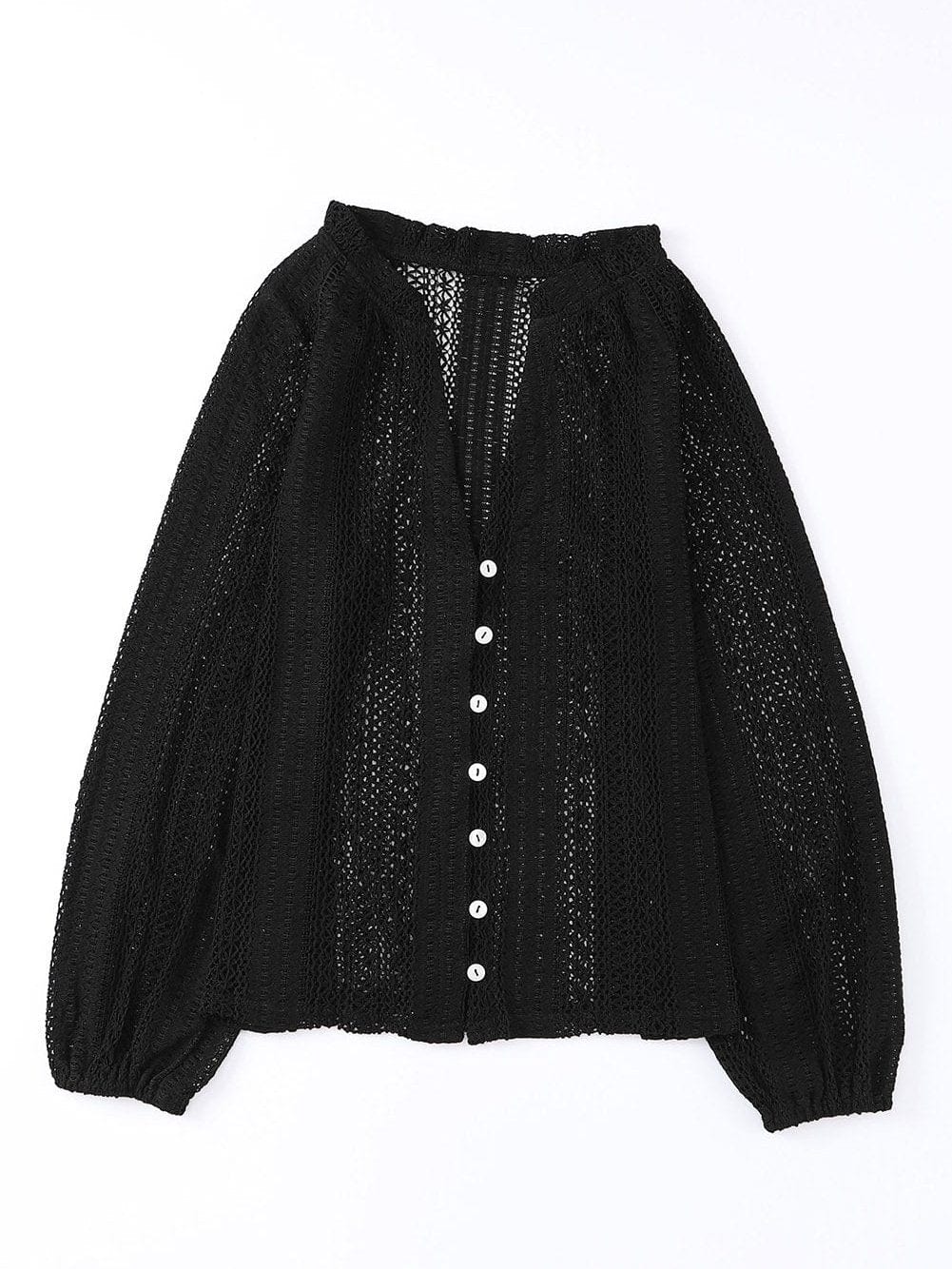 Elegant Black Lace V-Neck Button Up Blouse