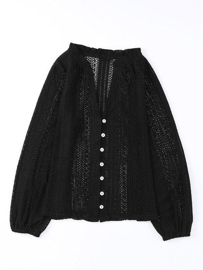 Elegant Black Lace V-Neck Button Up Blouse