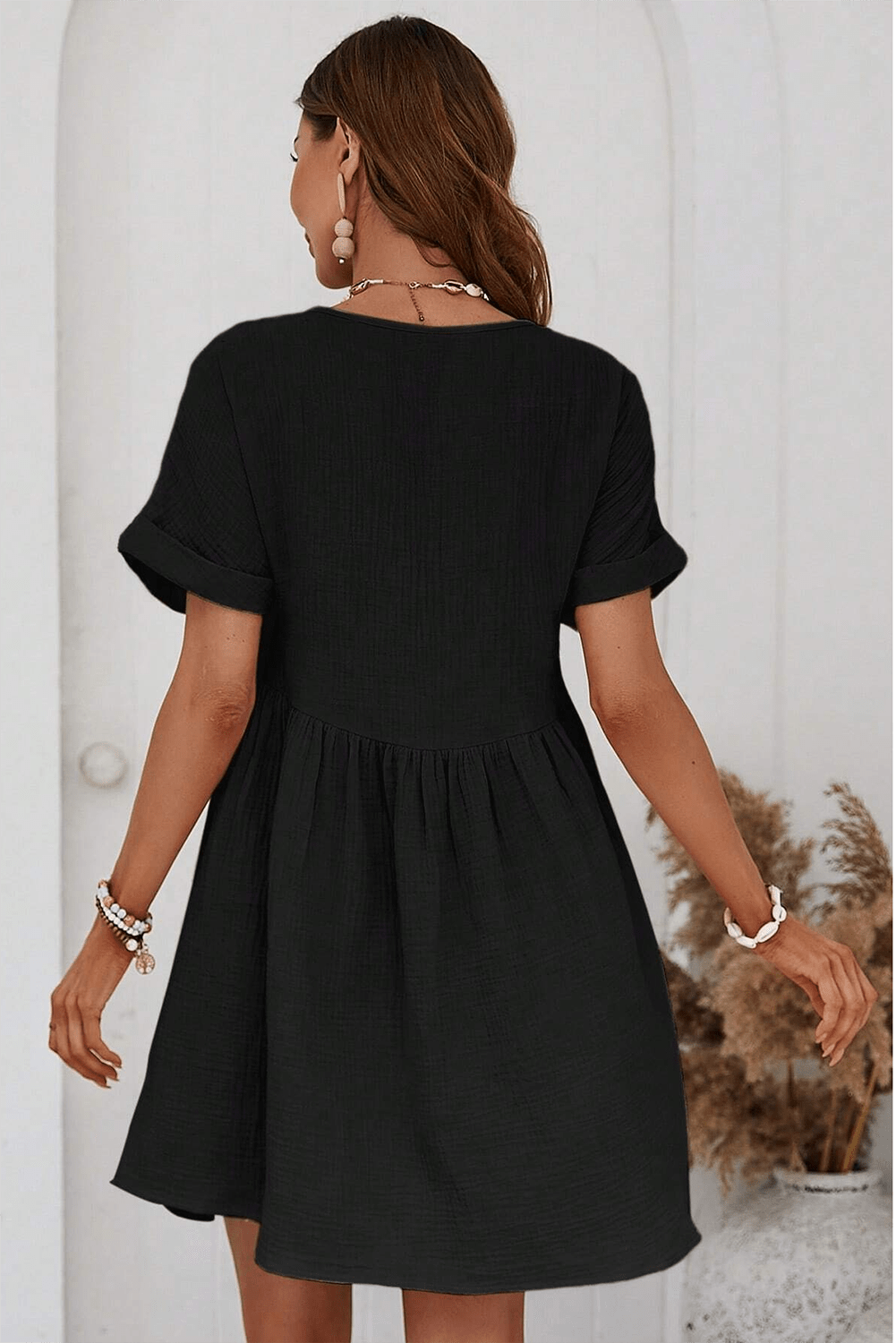 Elegant Black Lace V Neck Mini Dress with Folded Sleeves