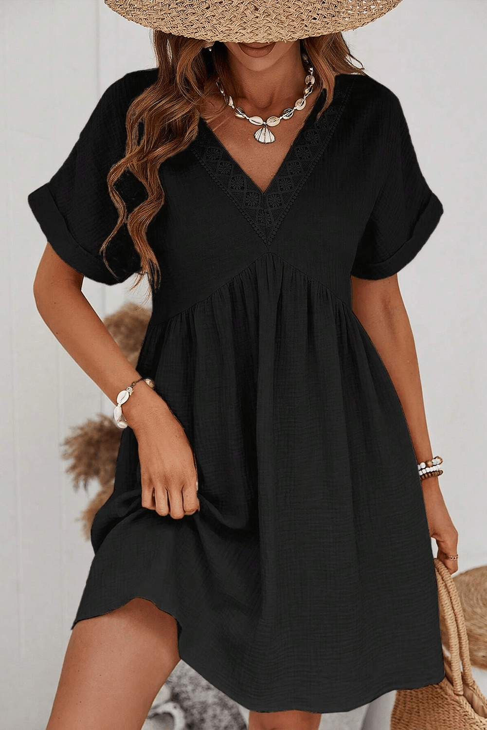 Elegant Black Lace V Neck Mini Dress with Folded Sleeves