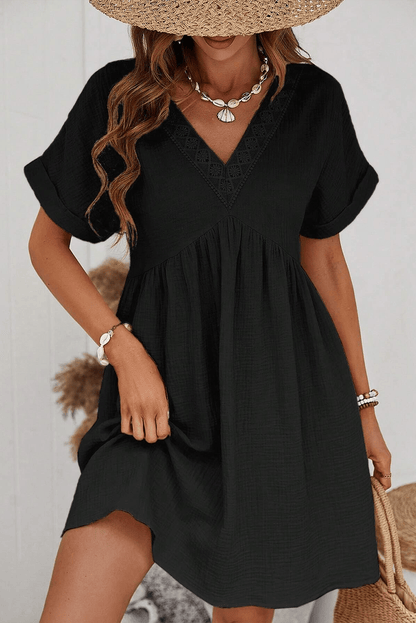 Elegant Black Lace V Neck Mini Dress with Folded Sleeves