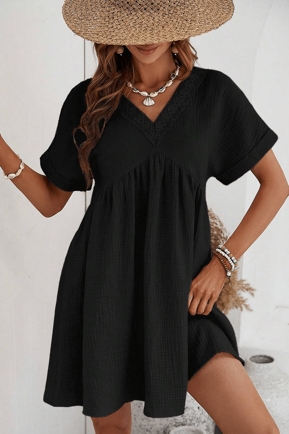 Elegant Black Lace V Neck Mini Dress with Folded Sleeves