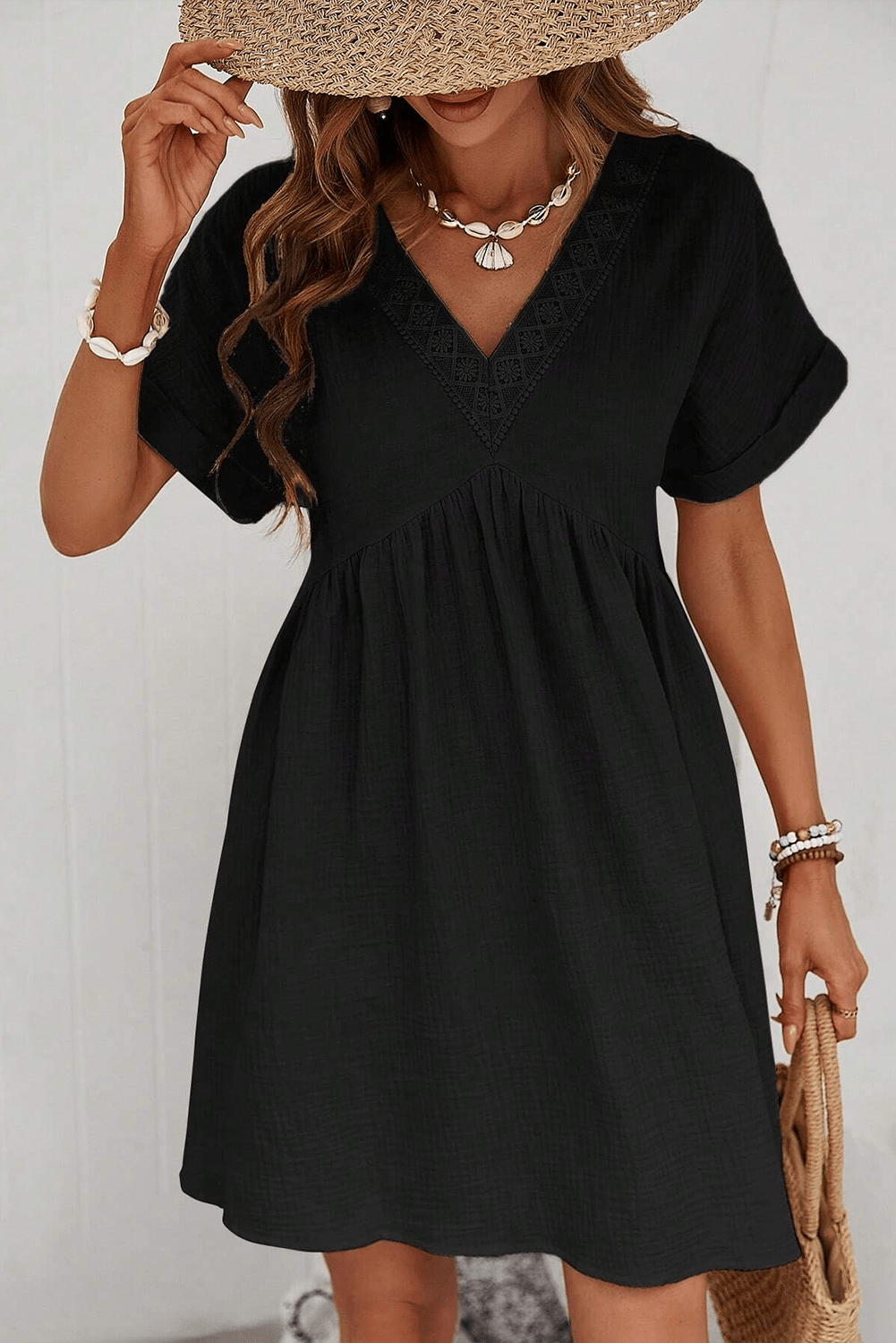 Elegant Black Lace V Neck Mini Dress with Folded Sleeves