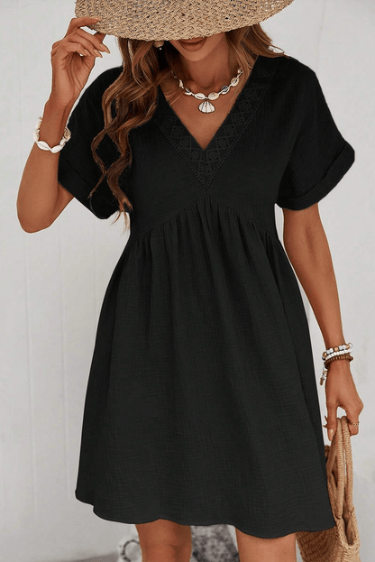 Elegant Black Lace V Neck Mini Dress with Folded Sleeves