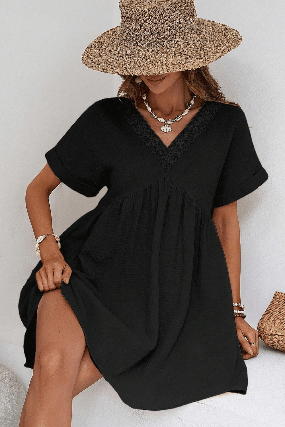 Elegant Black Lace V Neck Mini Dress with Folded Sleeves