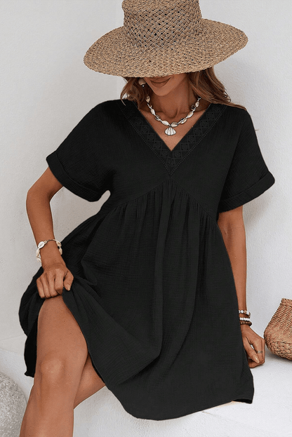 Elegant Black Lace V Neck Mini Dress with Folded Sleeves