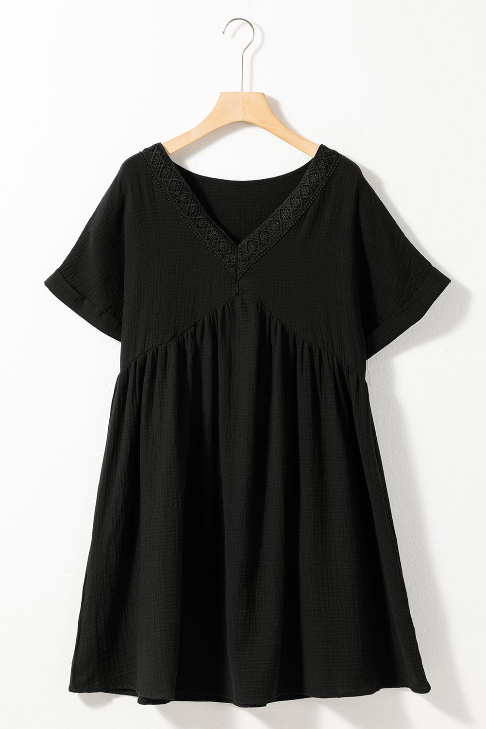 Elegant Black Lace V Neck Mini Dress with Folded Sleeves